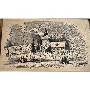 Magenta Wooden Rubber Ink Stamp Winter Church Scene 6.5” x 4”